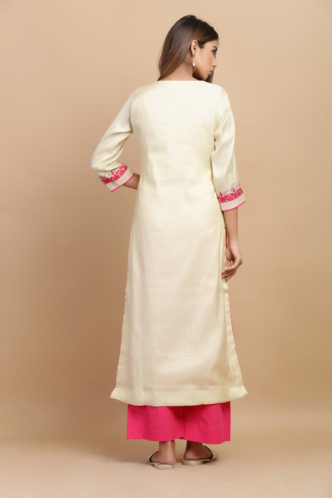 Beige Gold Embroided Cotton Silk Straight Kurta