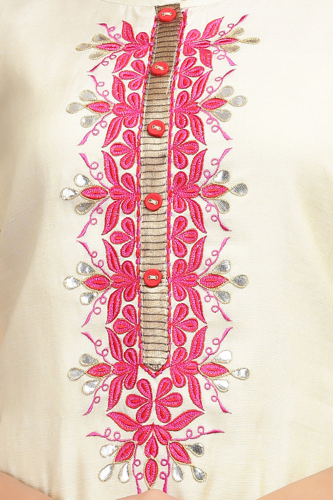 Beige Gold Embroided Cotton Silk Straight Kurta