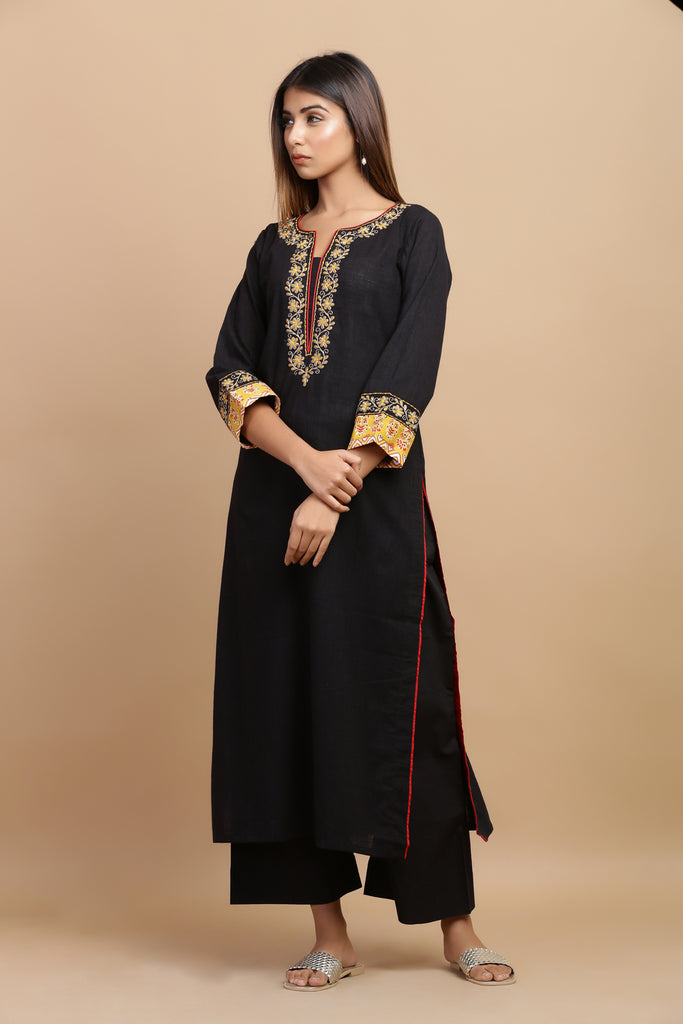 Black Cotton Embroided Straight Kurta