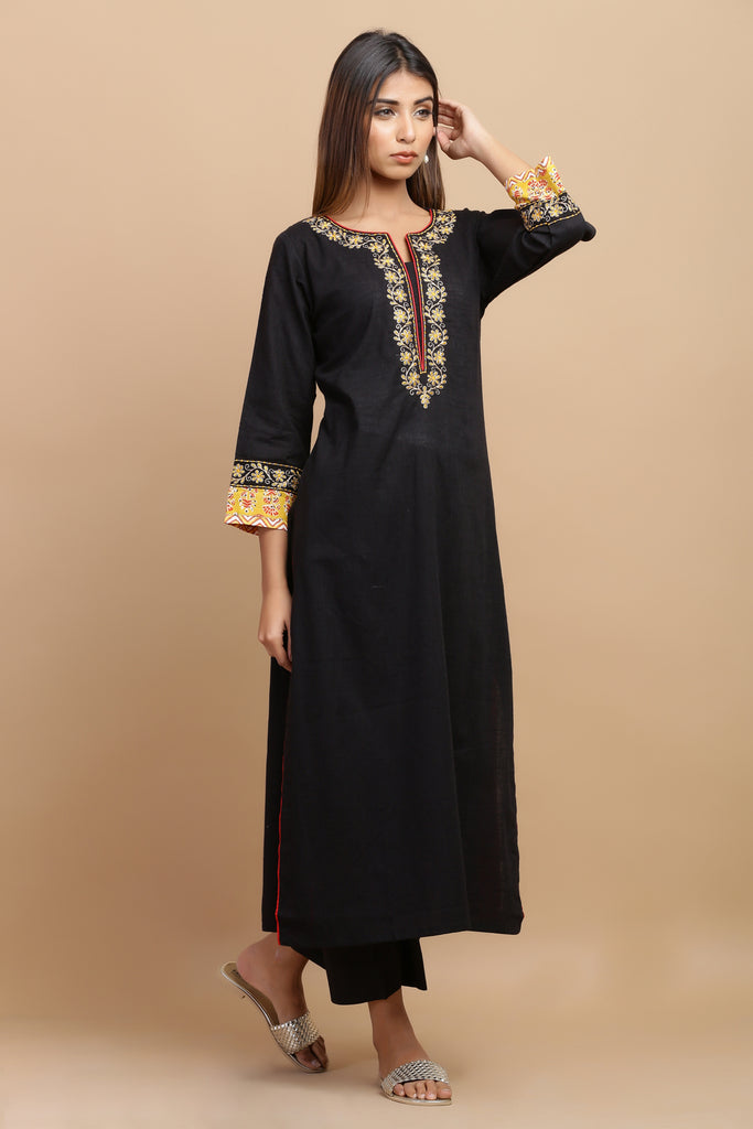 Black Cotton Embroided Straight Kurta