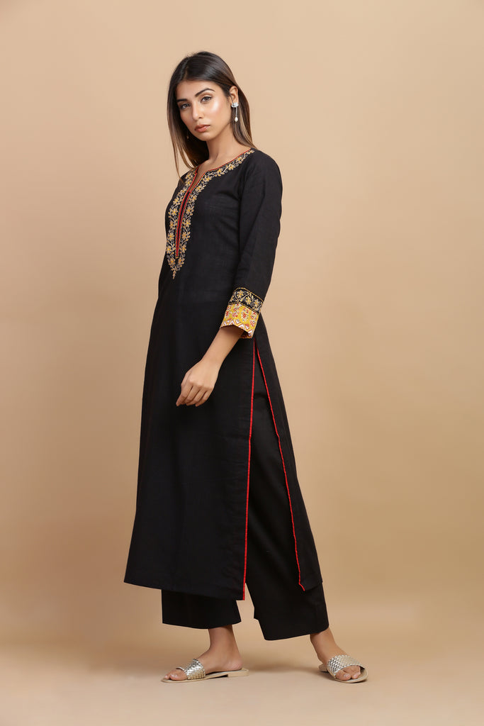 Black Cotton Embroided Straight Kurta