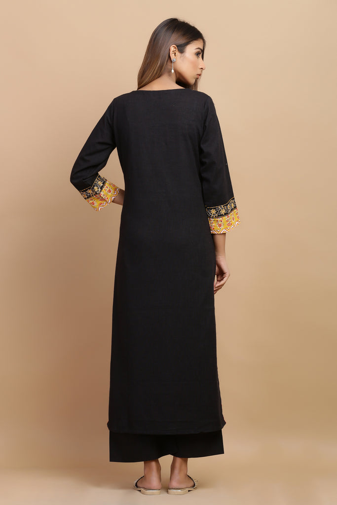 Black Cotton Embroided Straight Kurta