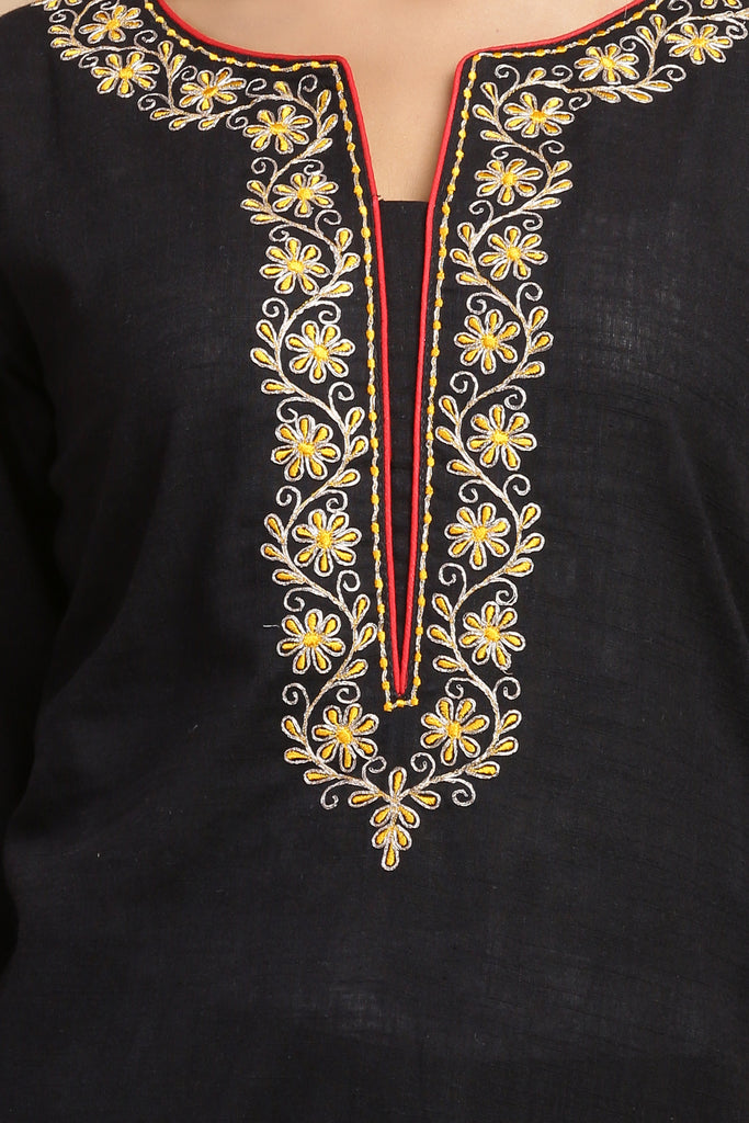 Black Cotton Embroided Straight Kurta