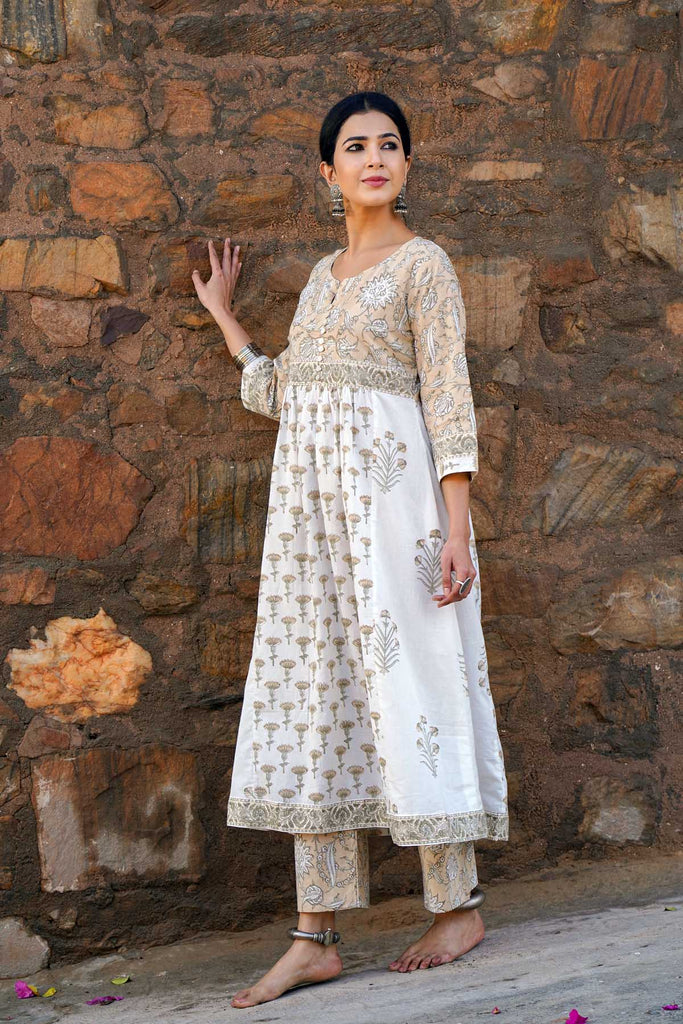 A-Line Kurta/Pant Set in Off-White Base Color