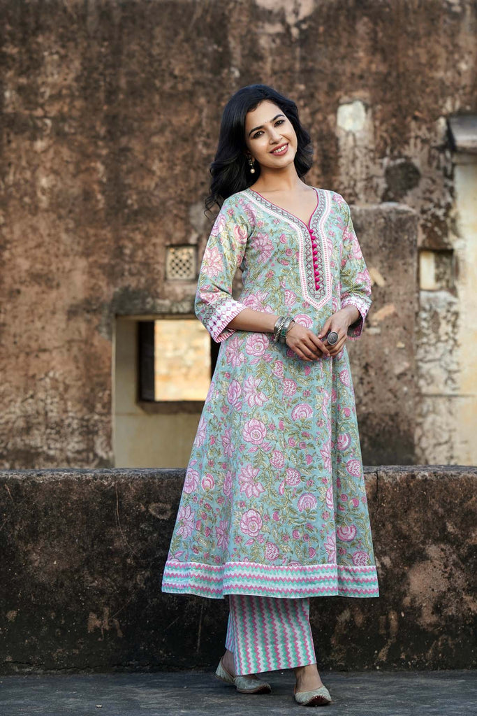 Kalidaar Kurta/Dupatta Set in Hand Block Cotton