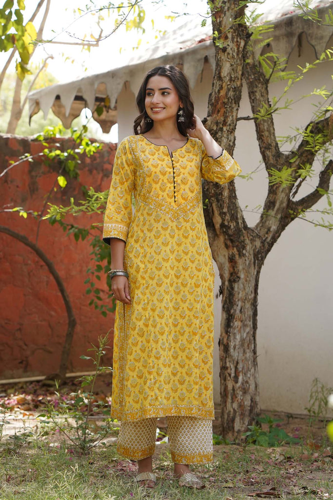 Straight Fit Kurta/Pant Set in Mango Yellow Color