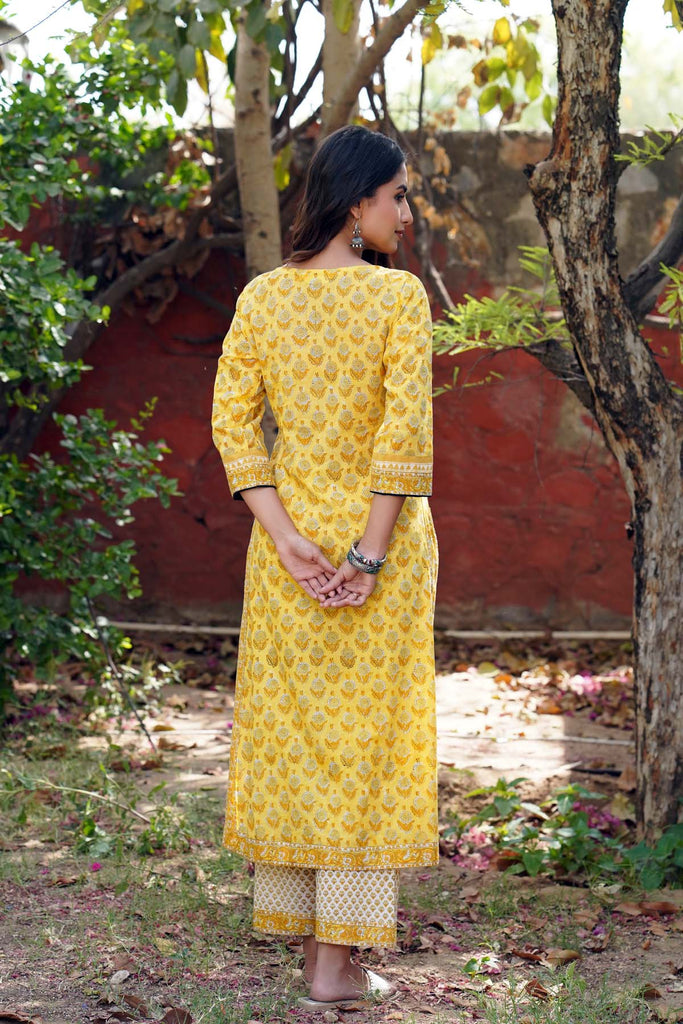 Straight Fit Kurta/Pant Set in Mango Yellow Color