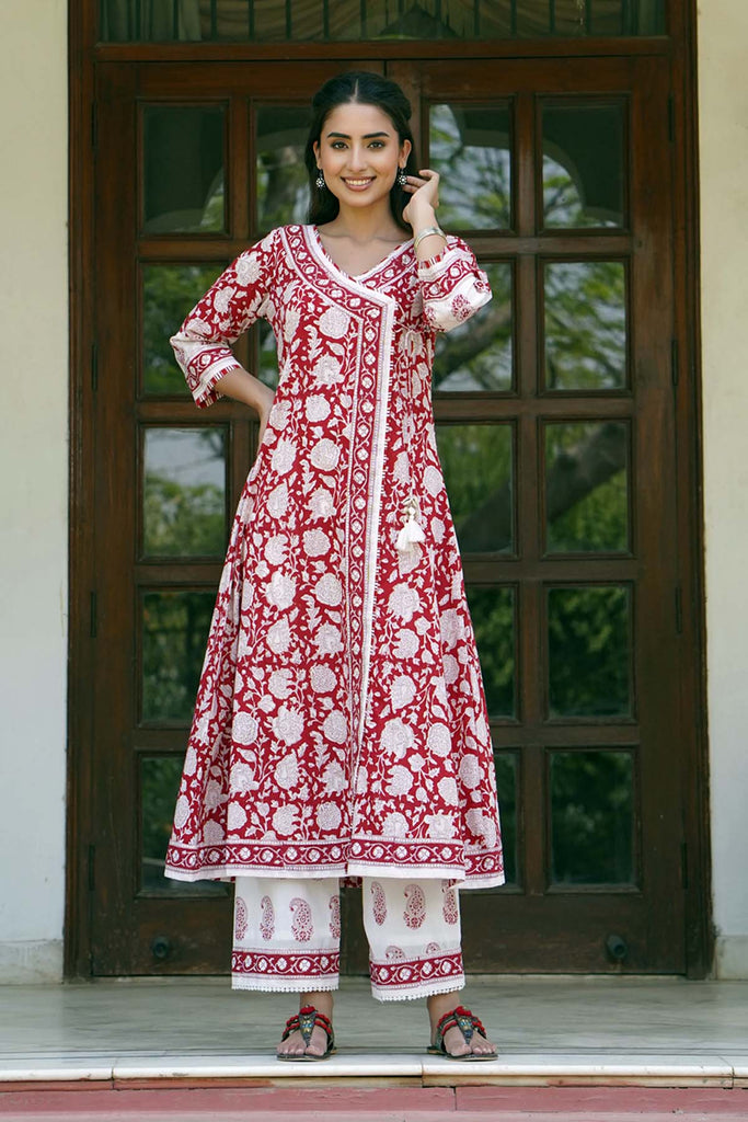 Angrakha Style Kurta/Pant Set in Red Color