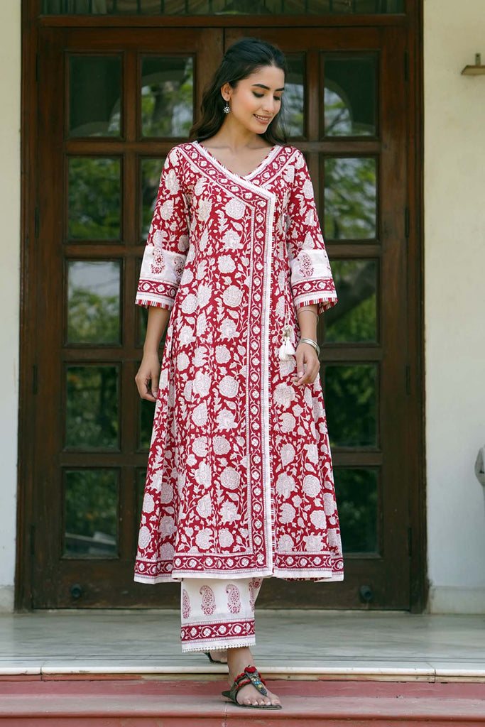 Angrakha Style Kurta/Pant Set in Red Color