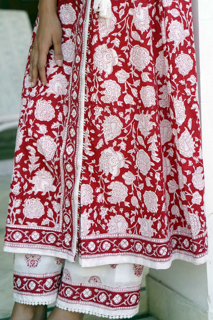 Angrakha Style Kurta/Pant Set in Red Color