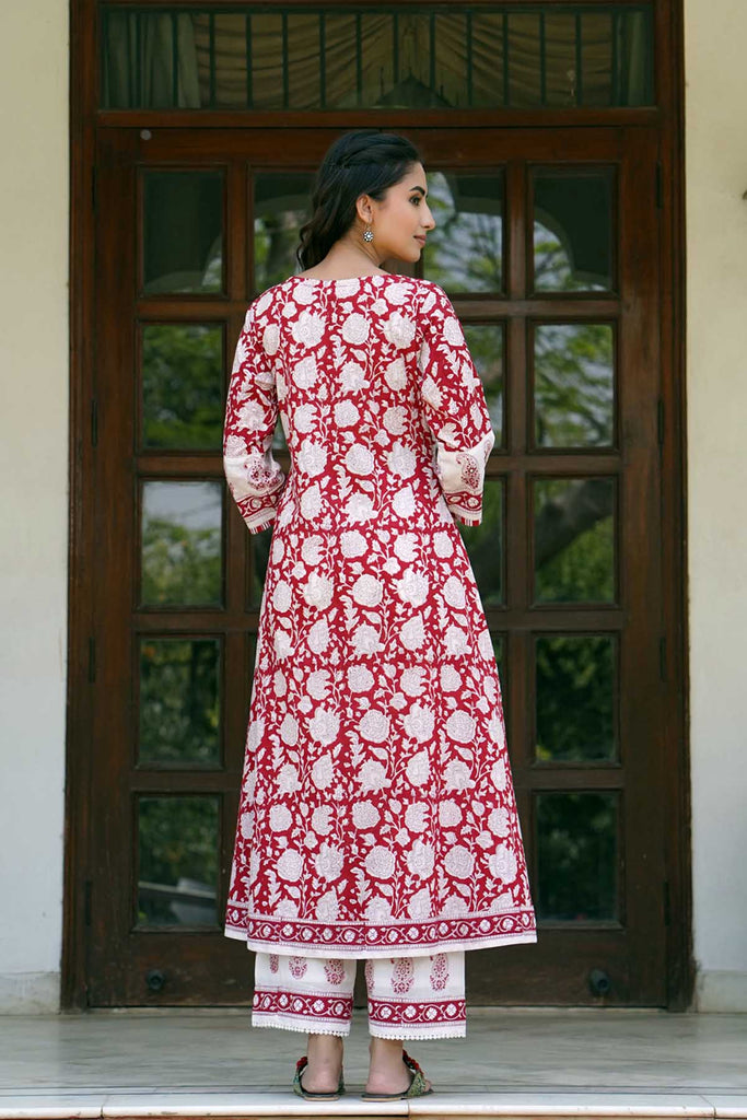 Angrakha Style Kurta/Pant Set in Red Color