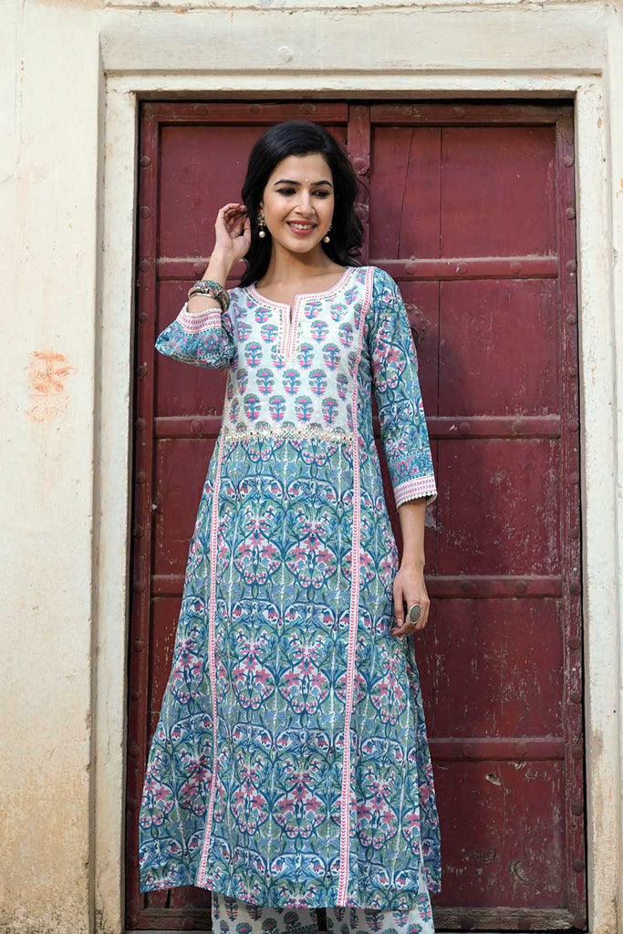 A-Line Kurta/Pant Set in Hand Block Cotton