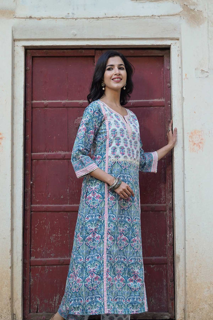 A-Line Kurta/Pant Set in Hand Block Cotton