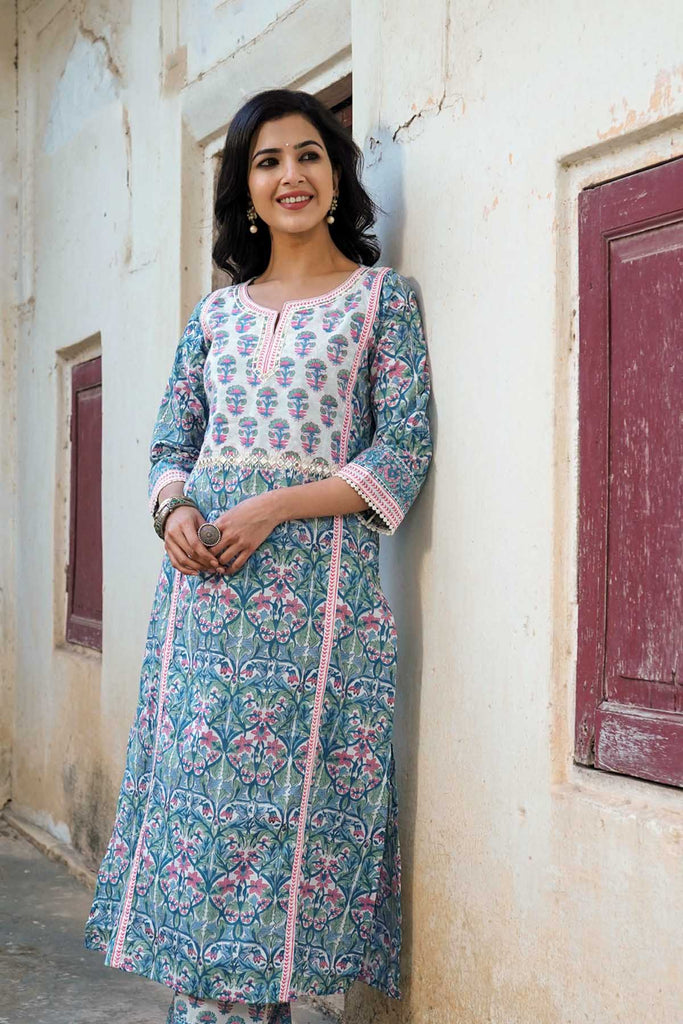 A-Line Kurta/Pant Set in Hand Block Cotton