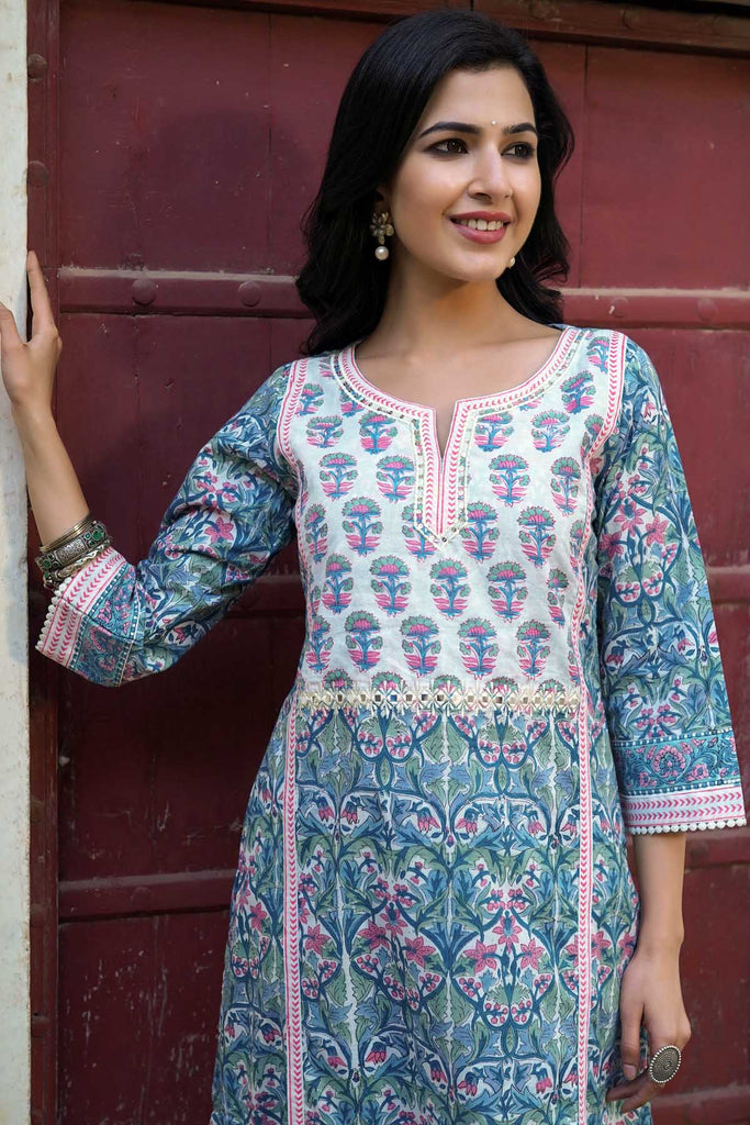 A-Line Kurta/Pant Set in Hand Block Cotton