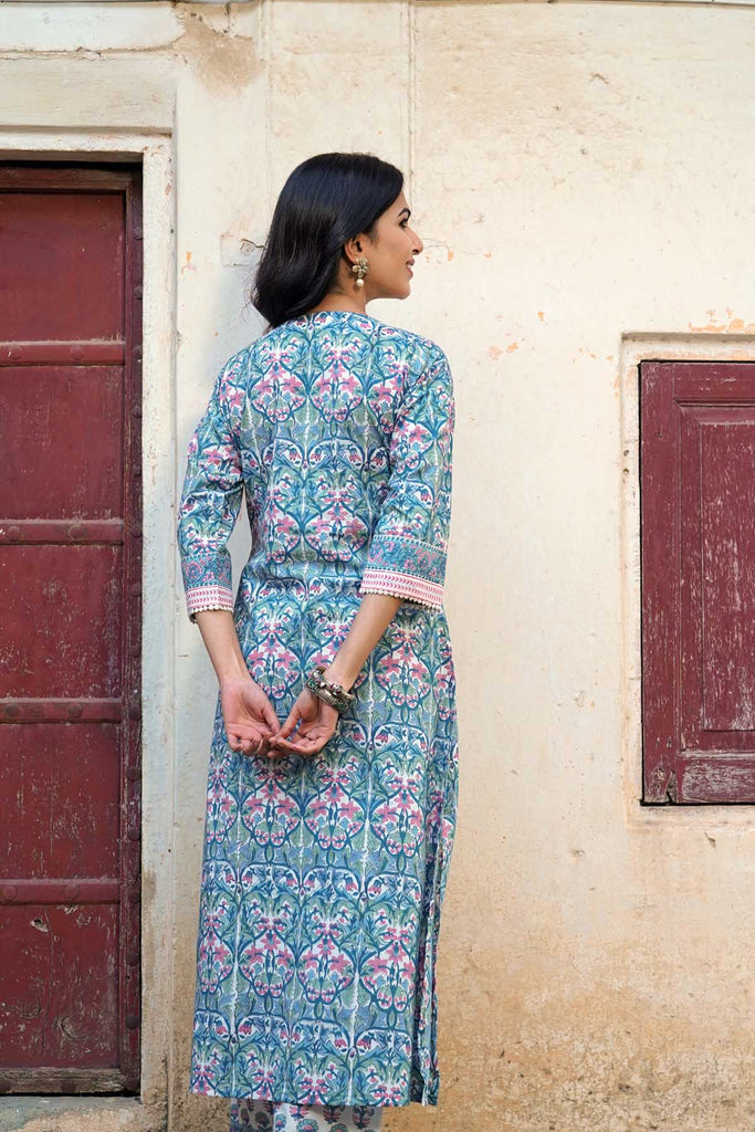 A-Line Kurta/Pant Set in Hand Block Cotton
