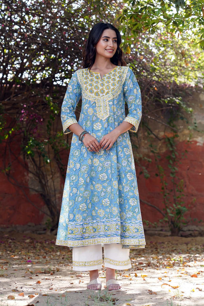 Hand block printed Kalidaar Kurta/Dupatta Set In Sky Blue Color