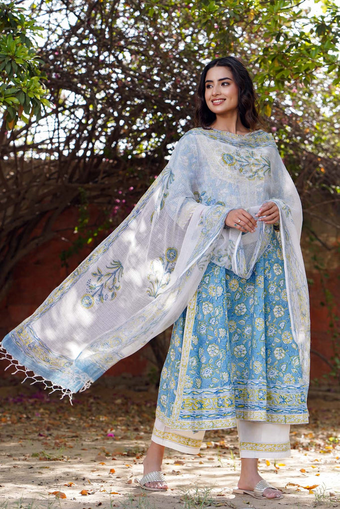 Hand block printed Kalidaar Kurta/Dupatta Set In Sky Blue Color