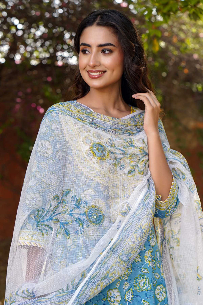 Hand block printed Kalidaar Kurta/Dupatta Set In Sky Blue Color