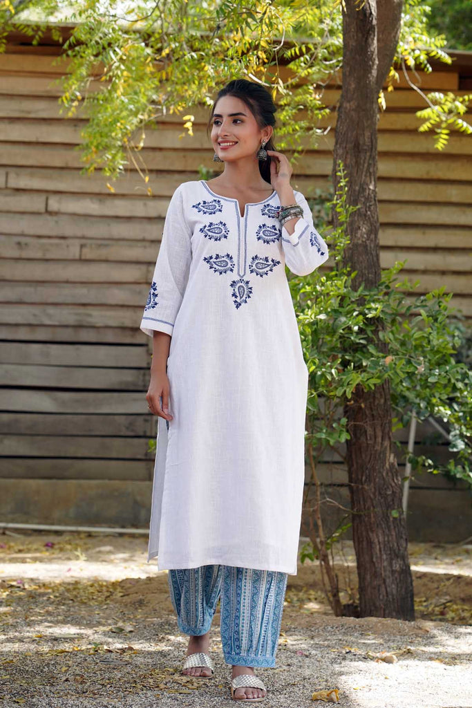 Beautiful Ethnic White Colour Wevon Design And Embroidery Work Kurti In  Khadi Cotton Fabric - KSM PRINTS - 4012610