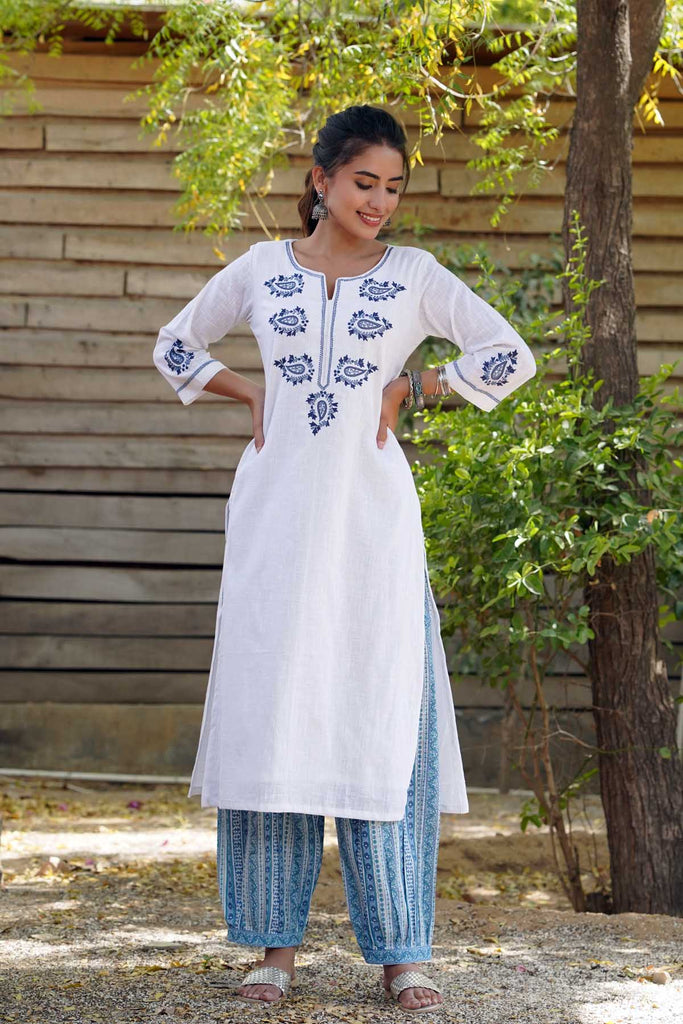 Straight Fit Kurta/Pant Set In White Color