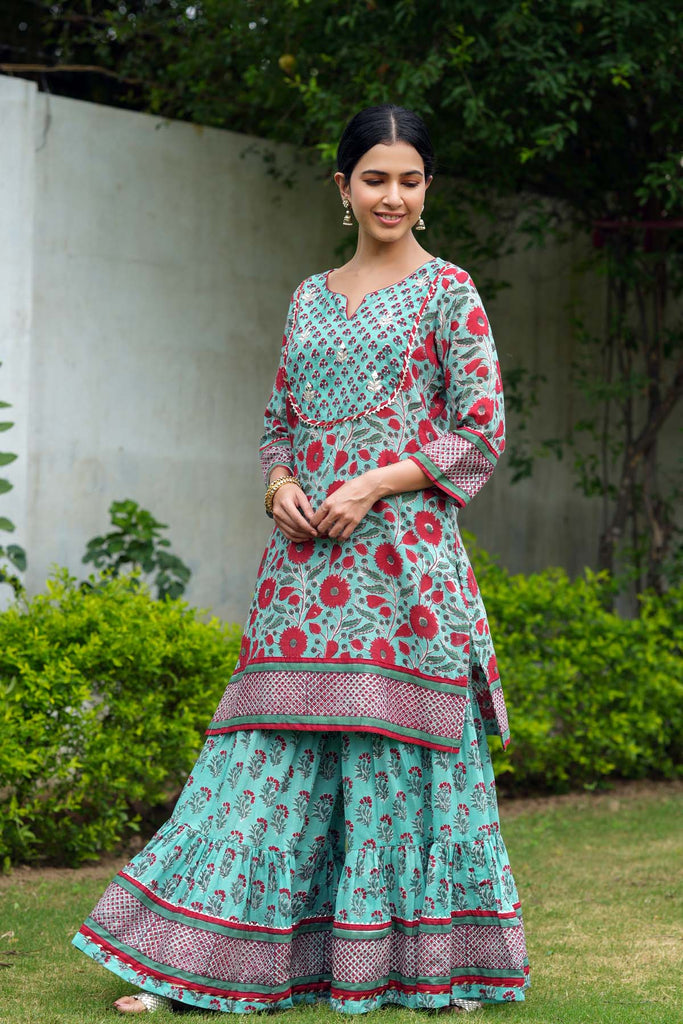 Rama Green Kurta/Sharara Set in Hand Block Print