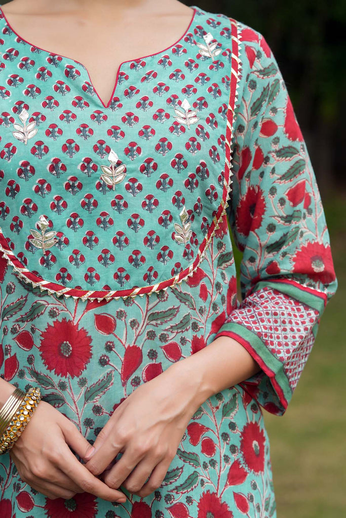 Rama Green Kurta/Sharara Set in Hand Block Print