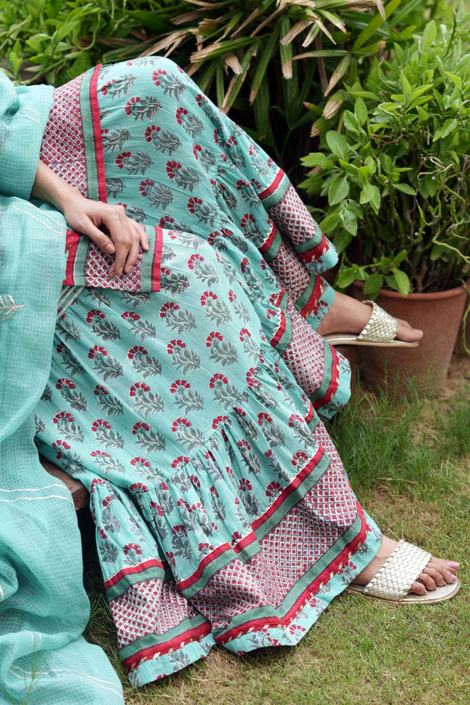 Rama Green Kurta/Sharara Set in Hand Block Print