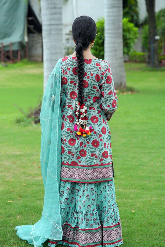 Rama Green Kurta/Sharara Set in Hand Block Print