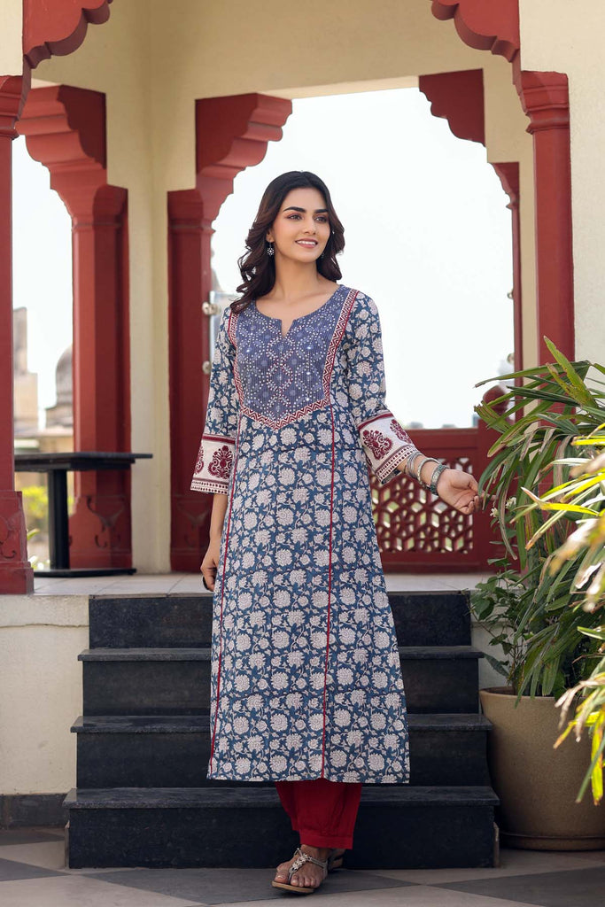 Hand block printed A-Line Kurta/Dupatta Set In Navy Blue Color