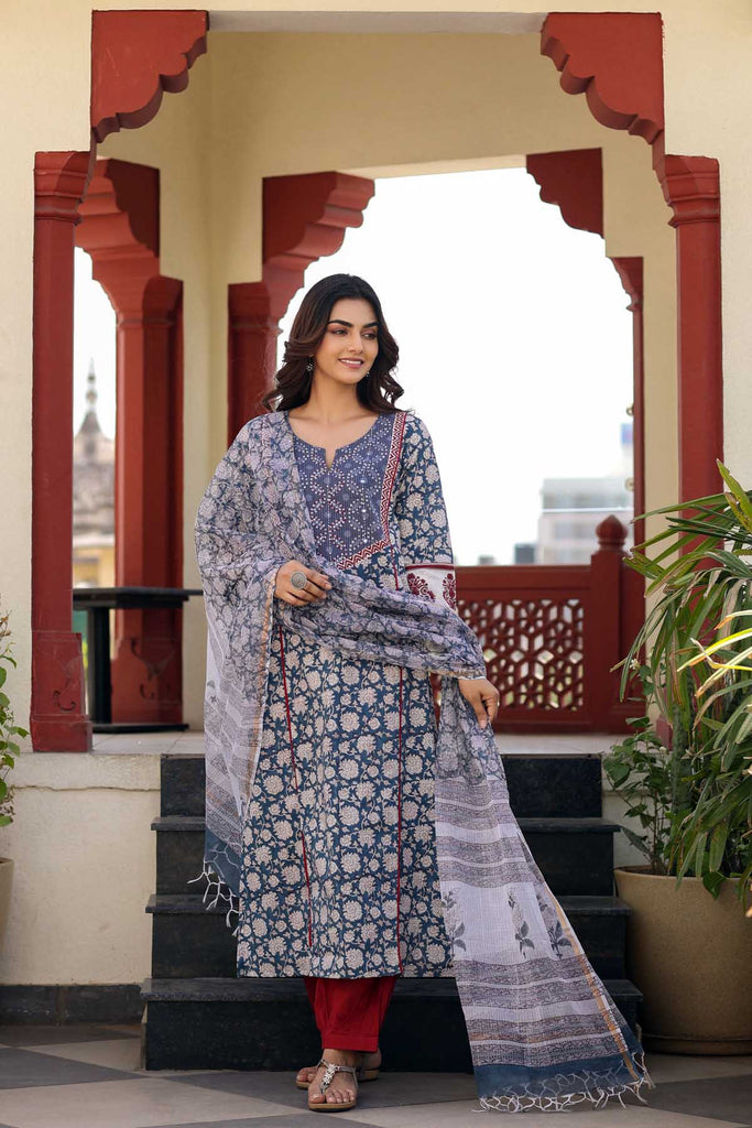 Hand block printed A-Line Kurta/Dupatta Set In Navy Blue Color