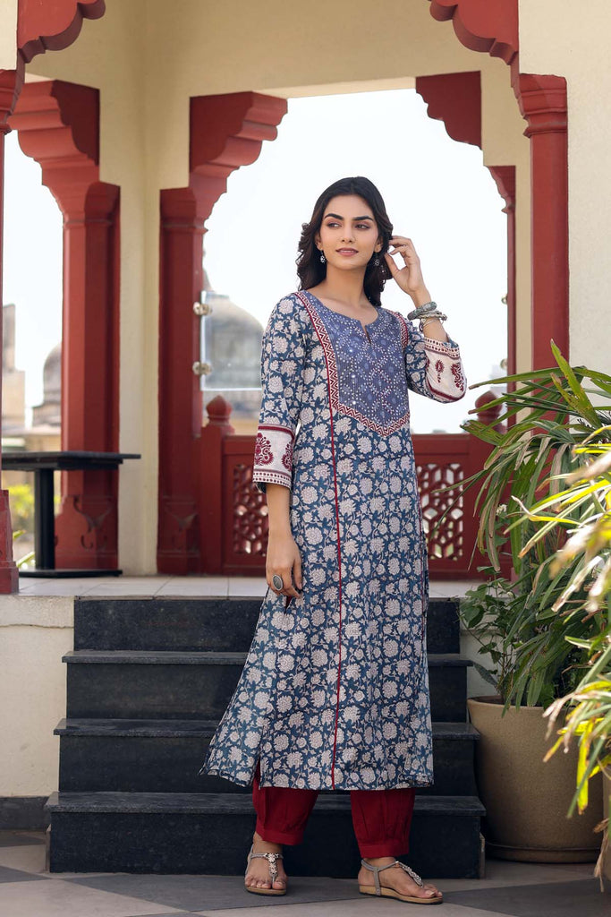 Hand block printed A-Line Kurta/Dupatta Set In Navy Blue Color