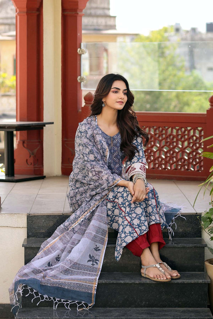 Hand block printed A-Line Kurta/Dupatta Set In Navy Blue Color