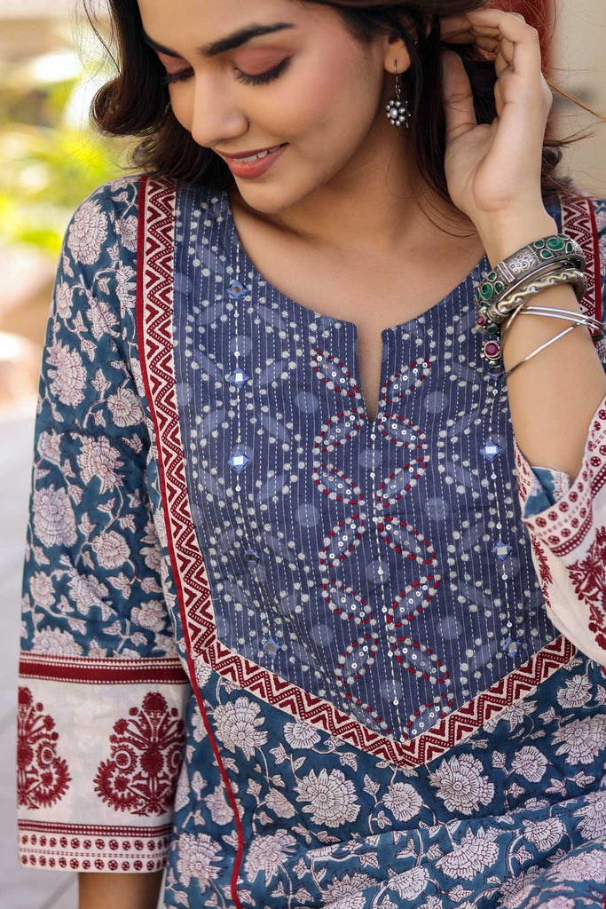 Hand block printed A-Line Kurta/Dupatta Set In Navy Blue Color