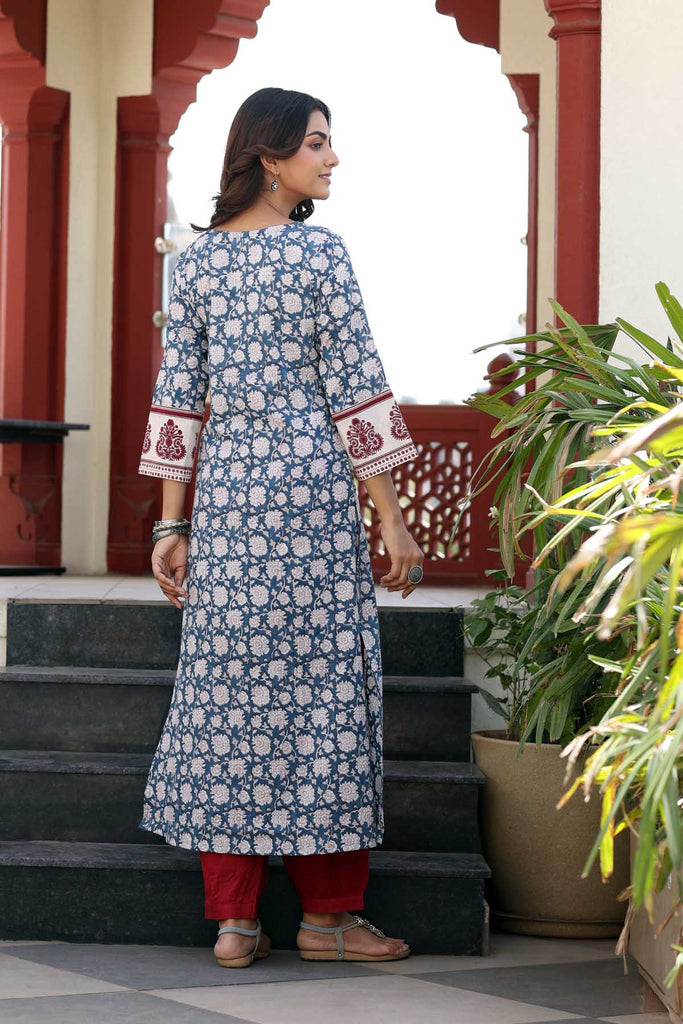 Hand block printed A-Line Kurta/Dupatta Set In Navy Blue Color