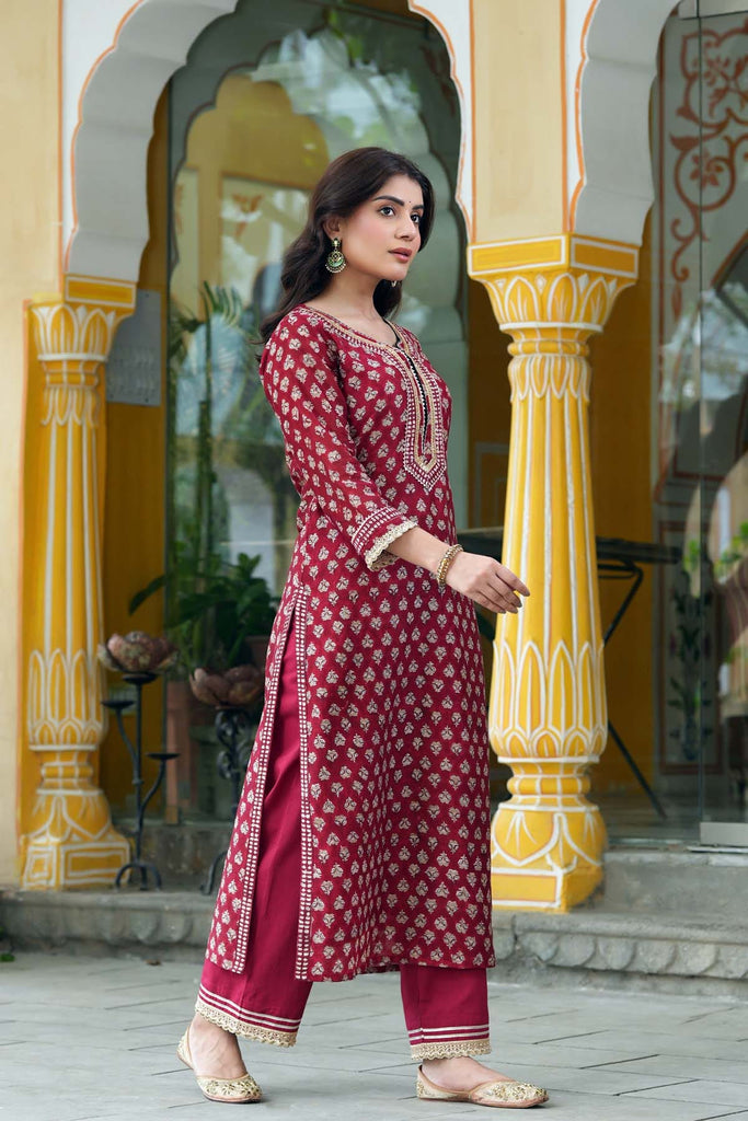 Straight Fit Chanderi Kurta/Dupatta Set In Maroon Color