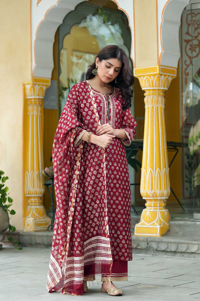 Straight Fit Chanderi Kurta/Dupatta Set In Maroon Color