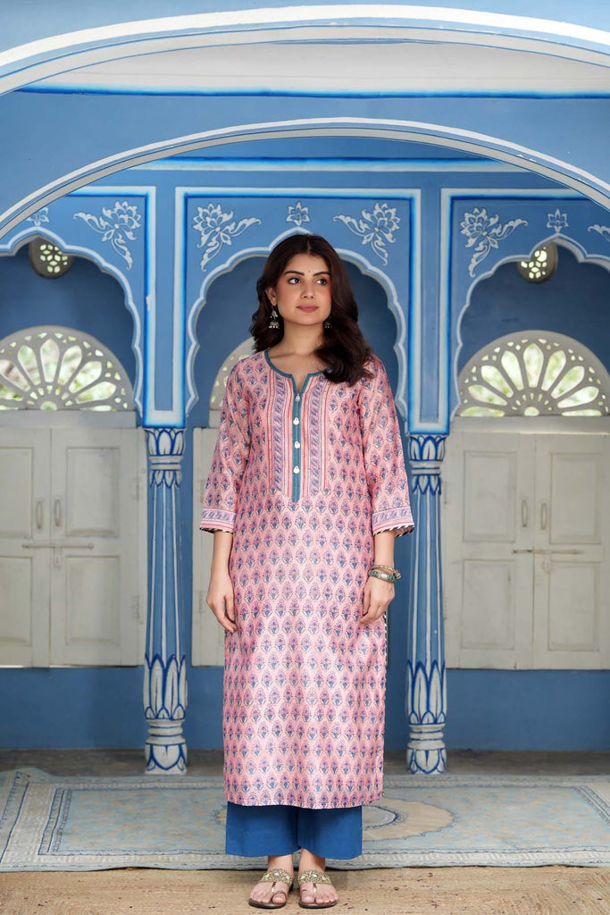 Straight Fit Kurta/Dupatta Set in Peach Chanderi Fabric