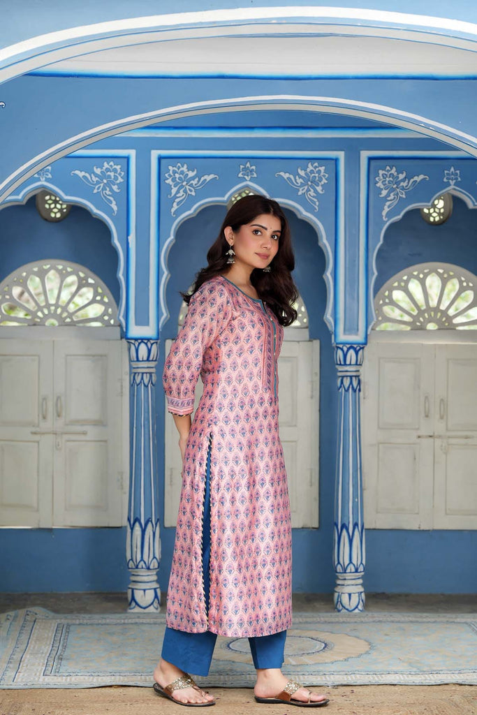 Straight Fit Kurta/Dupatta Set in Peach Chanderi Fabric