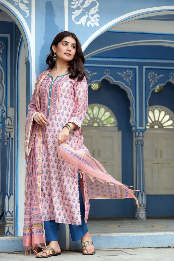 Straight Fit Kurta/Dupatta Set in Peach Chanderi Fabric