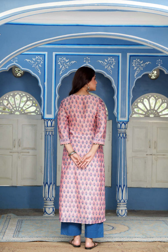 Straight Fit Kurta/Dupatta Set in Peach Chanderi Fabric