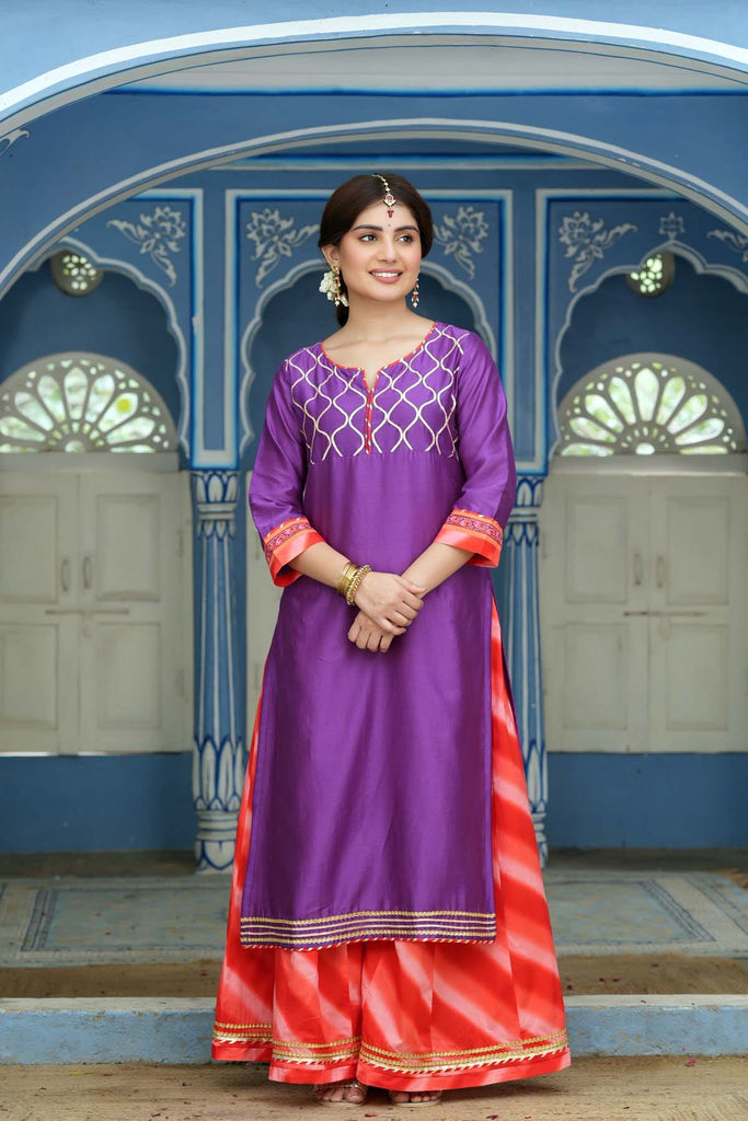 Kurta/Palazzo Set In Purple Chanderi Fabric