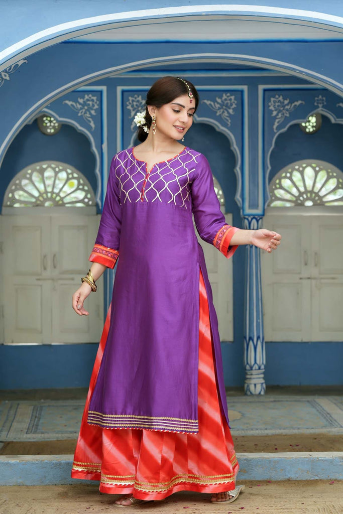 Kurta/Palazzo Set In Purple Chanderi Fabric