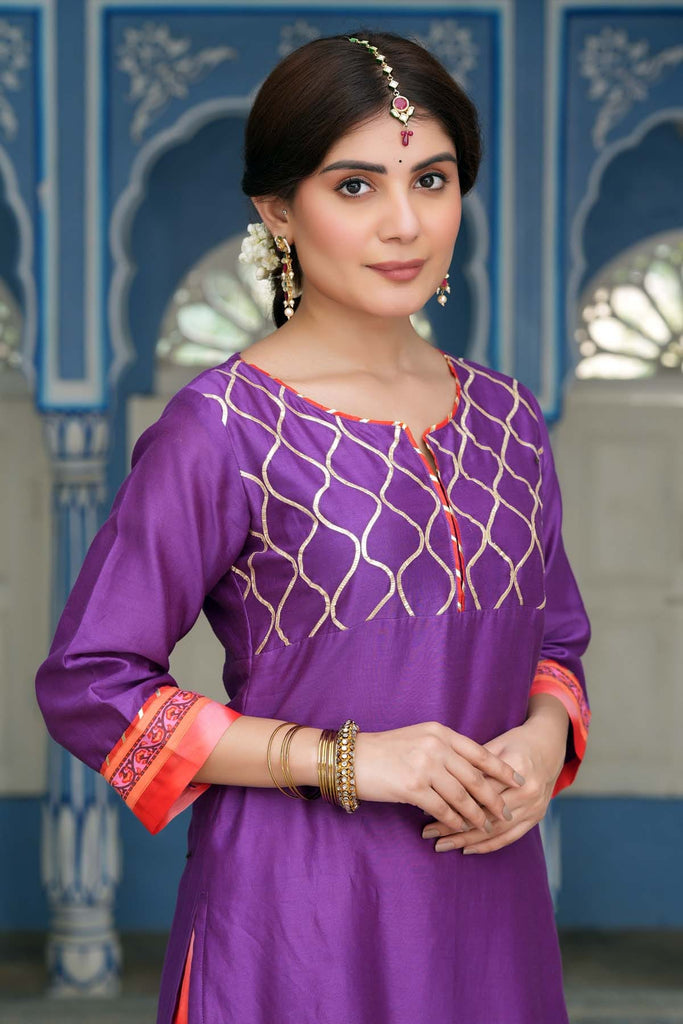 Kurta/Palazzo Set In Purple Chanderi Fabric