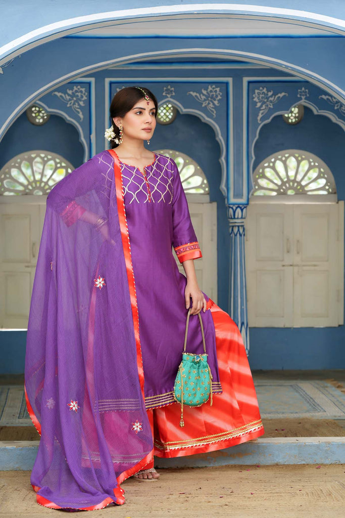 Kurta/Palazzo Set In Purple Chanderi Fabric