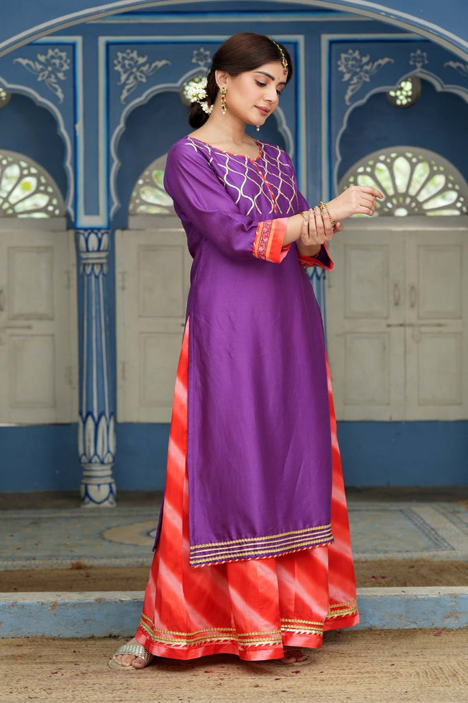 Kurta/Palazzo Set In Purple Chanderi Fabric