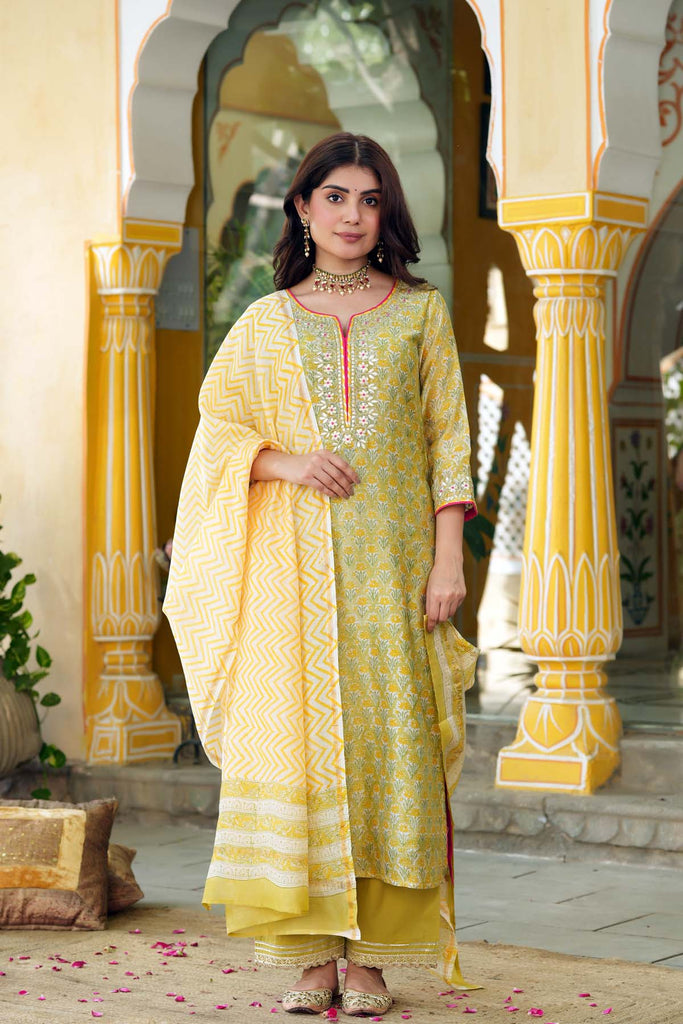 Straight Fit Kurta/Dupatta Set In Light Green Chanderi Fabric