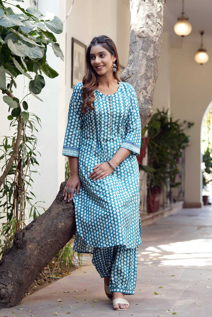 Pathani Style Kurta/Pant Set In Turquoise Color