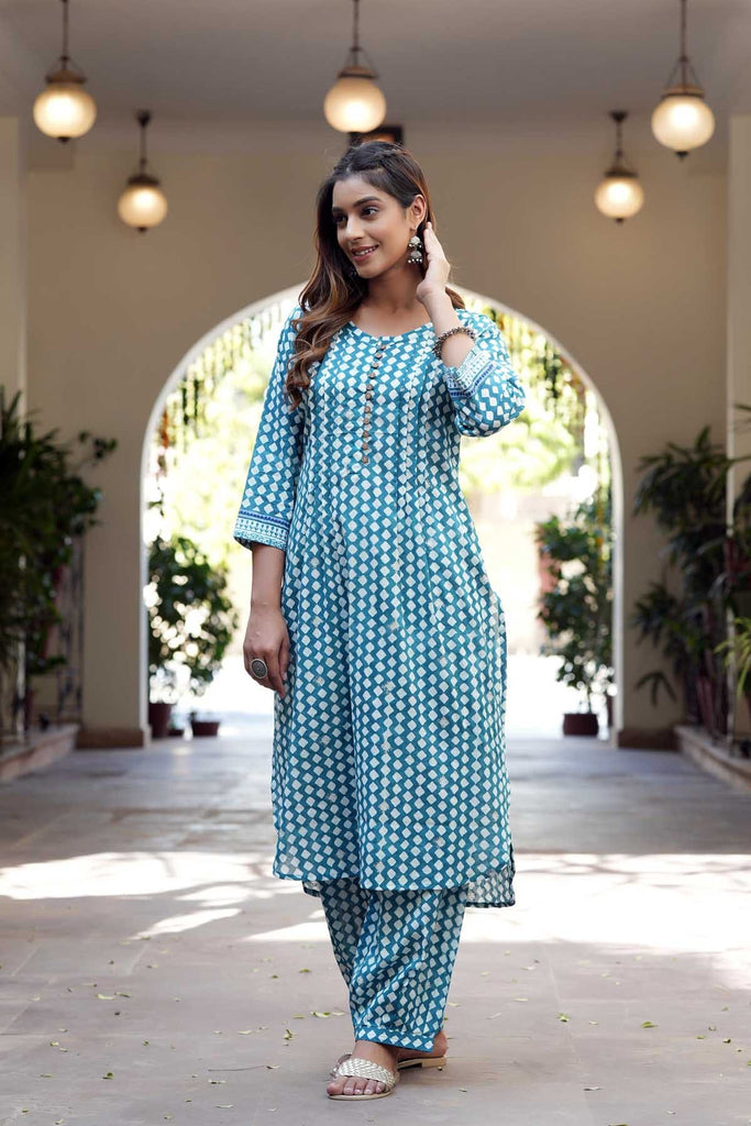 Pathani Style Kurta/Pant Set In Turquoise Color