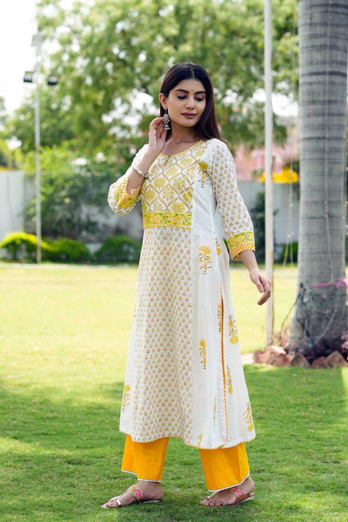 Buy INDYA Yellow Yellow Embroidered Cotton A-Line Kurta | Shoppers Stop
